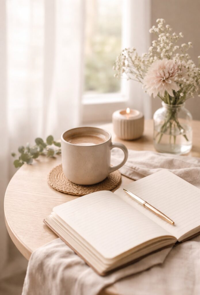 Sitting quietly with a hot drink is one way to introduce simple habits for a calmer life. Image shows a coffee cup on a table next to a lit candle an open notebook and vase of flowers 