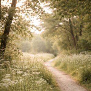Going for a walk is another way to introduce simple habits for a calmer life. Image shows a pathway through overhanging trees and white flowers running along the path 