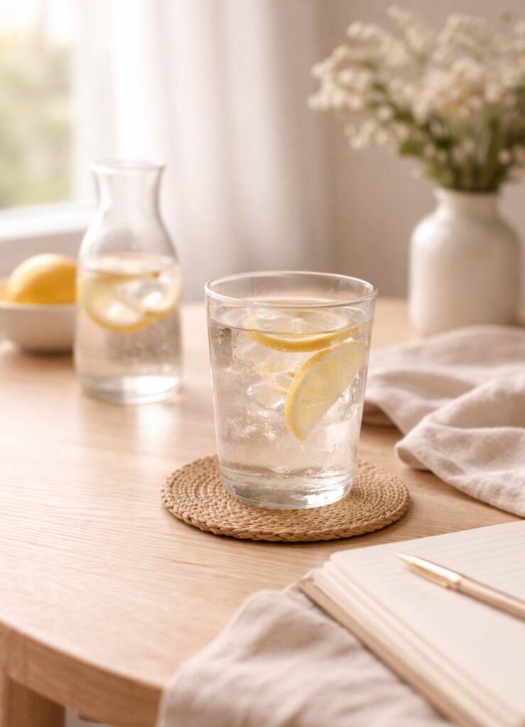Drinking enough water is one of the most simple habits but is one that so many of us forget about! Image shows a glass of water on a table with ice and lemon slices in, next to a glass pitcher of water, a linen napkin and an open notebook 