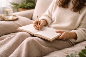 Mindful journaling prompts for calm. Image shows a relaxed woman sat on a sofa, writing in a notebook 