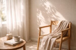 Mindful journaling prompts - 10 journal prompts for a calmer mind. Image shows a wooden chair next to a coffee table and a window with a white voile curtain, with sunlight gently pouring in 