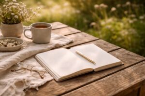 Mindful journaling prompts - 10 journal prompts for a calmer mind. Image shows a notebook on a wooden garden table in dappled shade, with a mug and glasses next to it 