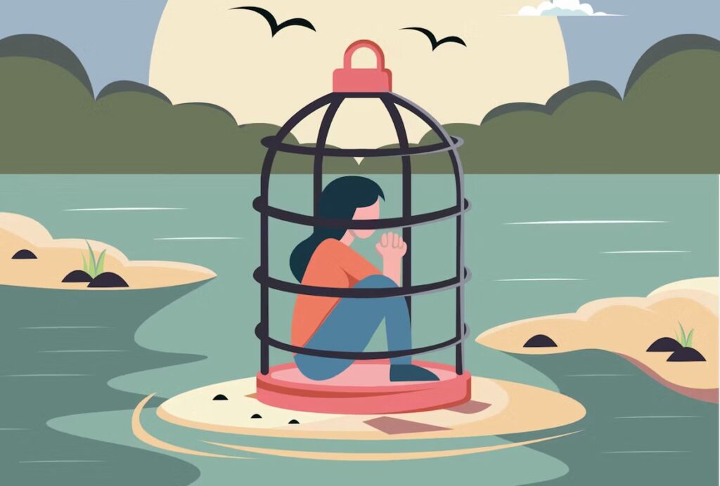 Mindfulness journaling. Image shows an illustration of a woman sat in a bird cage on a small island